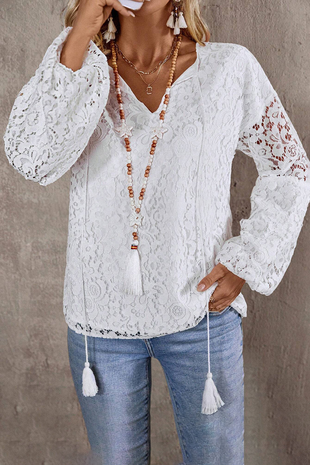White Cutout Lace Elegant Tie V-neck Blouse