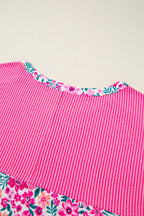 Pink Plus Size Floral Print Corded Patchwork Loose Top