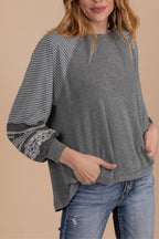 Tillandsia Purple Contrast Print Striped Raglan Long Sleeve Loose Top