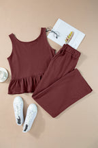 Duffel Green Solid Color Ribbed Ruffle Tank Top and Pants Set