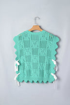Mint Green Pointelle Knit Patterned Scalloped Trim Short Sleeve Sweater