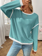 Ribbed Contrast Trim Long Sleeve Top
