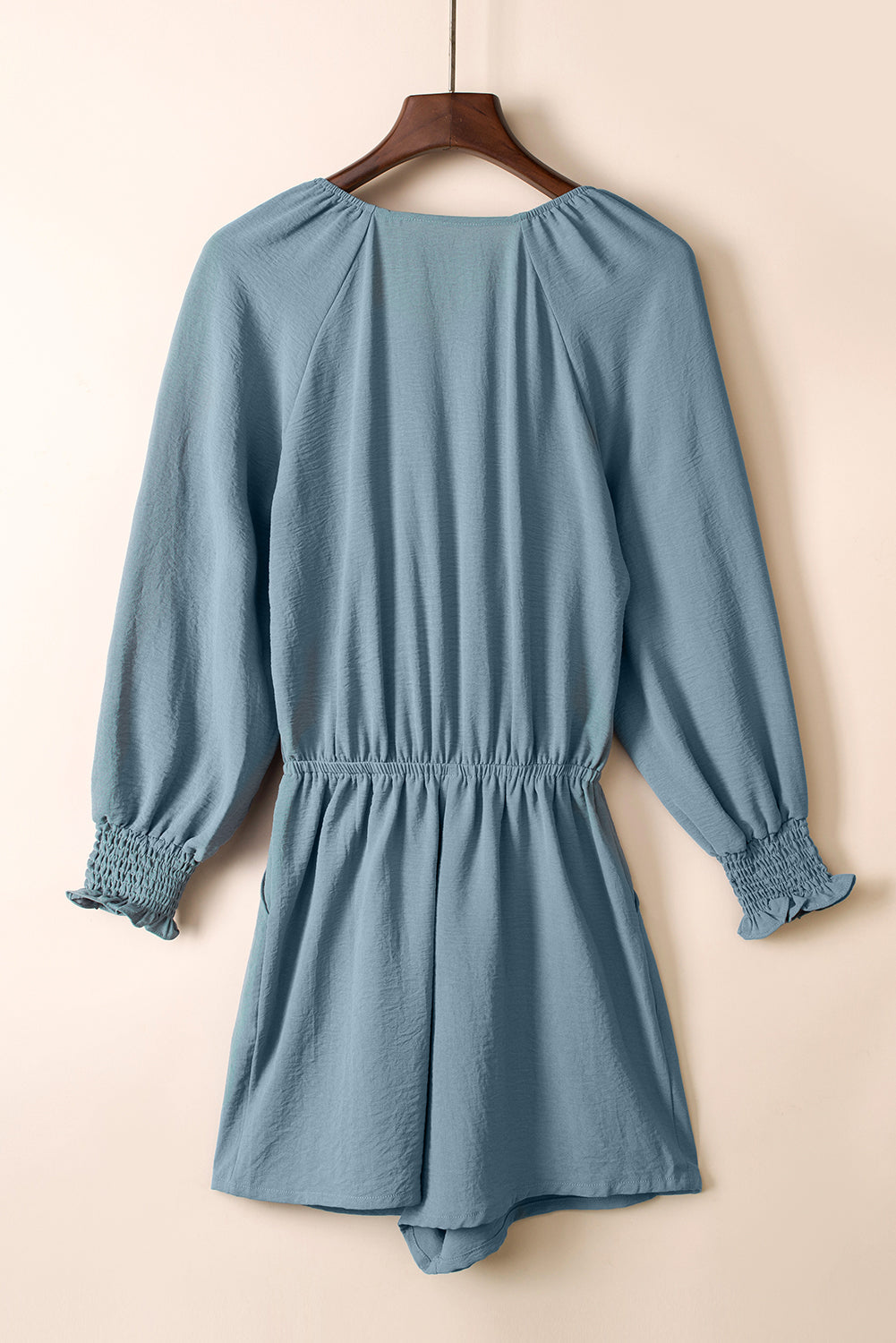 Gray Knot Front Casual Shirred Cuffs Puff Sleeve Romper