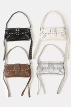 Fame Glossy Faux Leather Rivet Trim Shoulder Bag