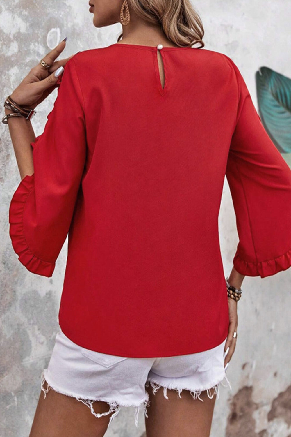 Black Frill Trim Plain Tulip Sleeve Blouse