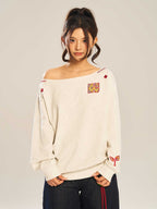 Women’s Slanted Shoulder Embroidered Long-Sleeve Top