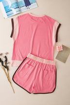 Rose Red Contrast Trim Cap Sleeve Tee Shorts Set