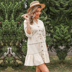 Women's V-Neck A-Line Dress – Three-Quarter Sleeve Button Contrast Panel