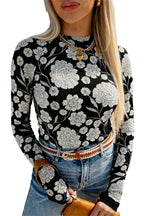 Brown Thumbhole Long Sleeve Floral Print Mesh Top