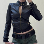 American Street Locomotive Style Waist Trimming Short Stand Collar PU Leather Jacket