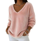 Women’s Plush V Neck Drop Shoulder Pullover Sweater