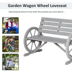 41" Wooden Wagon Wheel Bench Rustic Outdoor Patio Weather Resistance Furniture 2-Person Slatted Seat Bench with Backrest Light Gray