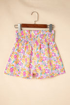 Pink Boho Floral Shirred High Waist Casual Shorts