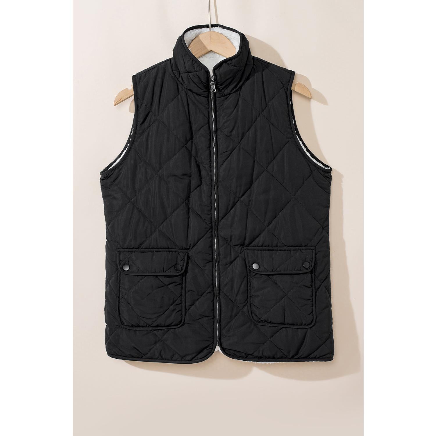 Black Fleece Lined Quilted Zip up Vest Coat Womenswear Tops