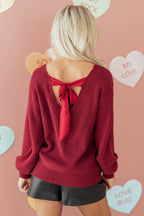 Jet Stream Ribbed Knit Ribbon Knot Backless Drop Shoulder Sweater