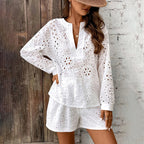 Women's Solid Color Elegant V-Neck Lace Long Sleeve Blouse & Shorts Set