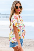 Yellow Floral Boxy Fit Ruffled Short Sleeve V Neck Blouse