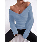 Women's Off-Shoulder Crossover Knit Sweater – Slim Fit Long Sleeve
