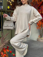 Slit Mock Neck Top and Pants Sweater Set