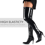 Camssoo Womens Size 8 Black Faux Patent Leather 4" Heel Above-The-Knee Boots
