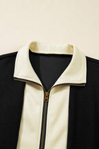 Black Two-Tone Zipper Long Sleeve Casual Romper