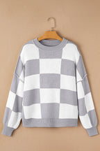 Dark Brown Plaid Bishop Sleeve Pullover Sweater