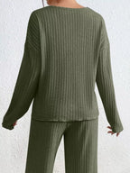 Ribbed Knit V-Neck Top and Pants Set