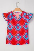 Red Random Abstract Print V Neck Ruffle Shoulder Blouse