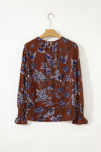 Brown Autumn Floral Print Smocked Cuffs Shift Blouse