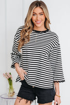 Sachet Pink Striped Print Drop Shoulder Lace Trim Bracelet Sleeve Loose Top