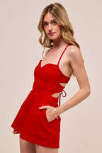 SO ME Fitted Open Back Game Day Romper with Lace Up Deta