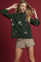 Umgee Floral Mock Neck Knit Top with Wide Sleeves