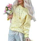 Womens European And American-style Chic Floral-print Crew-neck Pullover Sweater