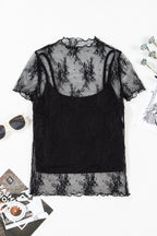 Black Floral Short Sleeve Sheer Mesh Blouse