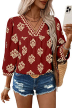 Green Damask Floral Print Contrast V Neck 3/4 Sleeve Blouse