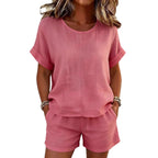 Solid-Color T-Shirt & Shorts Set – Cotton Linen, 10 Colors