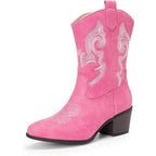 Dream Pairs Womens 8.5 Faux Pink Leather 2.25" Block Heel Mid Calf Cowboy Boots