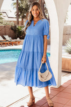 Dusk Blue Gingham Textured Bow Tie Short Sleeve Tiered Midi Dress