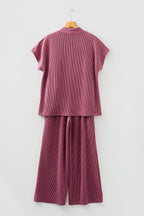 Dark Grey Twisted Ribbed High Neck Loose Tee Elastic High Waist Loose Pant Set