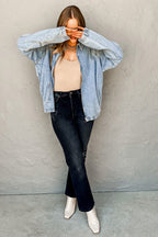 Myosotis Elastic Hem Collared Zip Up Denim Jacket