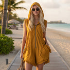 Women's Retro Hooded Zip-Up Sleeveless Cropped Jumpsuit