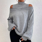 Women's Cold Shoulder Sweater - High Neck Cut Out Pullover Long Sleeve