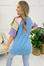Bright Pink Twisted Ribbed Color Block Patchwork Henley Short Sleeve T Shirt