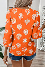Green Damask Floral Print Contrast V Neck 3/4 Sleeve Blouse