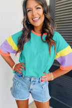 Pink Color Block Stitching Sleeve Round Neck Oversize Top