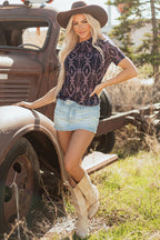 Brown Aztec Print Mock Neck Short Sleeve Mesh T Shirt