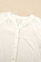 White Embroidered Textured Buttoned Crew Neck Shirt