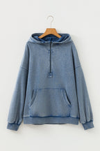 Black Half Zip Kangaroo Pocket Mineral Wash Baggy Hoodie