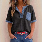 Women's Casual Loose-Fit Color-Block Patchwork Short-Sleeve Top