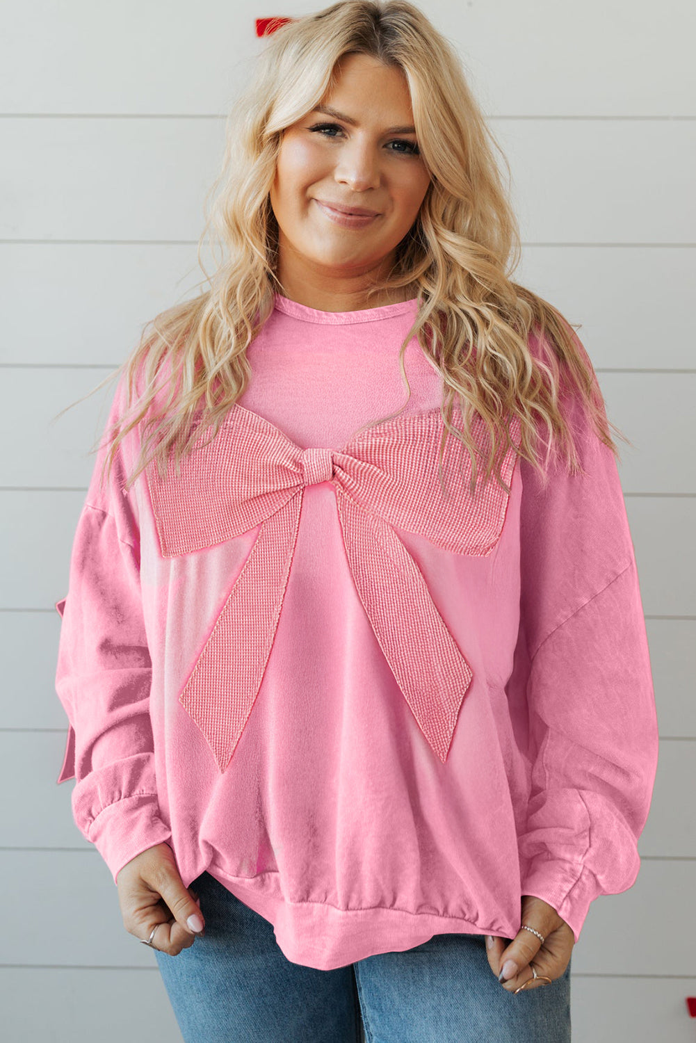 Bonbon Waffle Bowknot Patchwork Mineral Wash Plus Size Top